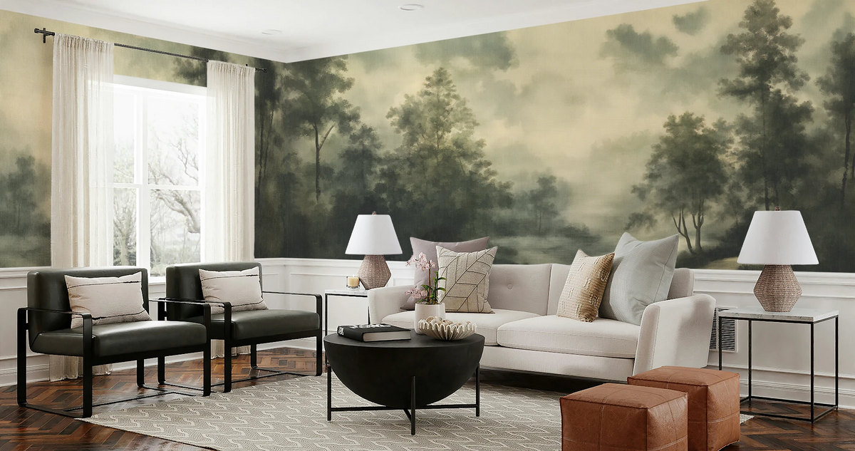 A modern living room with a white sofa, modern arm chairs, a black round coffee table, and a vintage forest wallpaper mural in an ethereal, mystical painting style. 