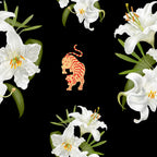 Seamless wallpaper pattern of tigers and lilies on a black background.