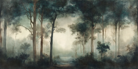 Misty forest wallpaper scene with tall trees and a light source in the distance