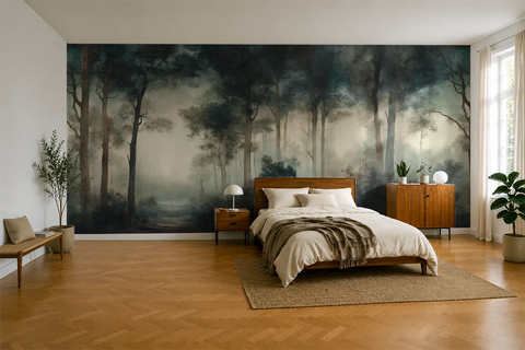 Modern bedroom with a forest wallpaper 
mural on the wall