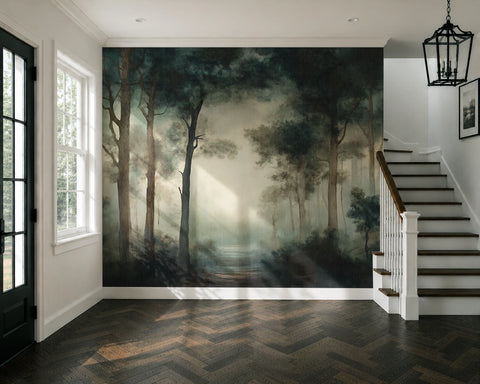 Forest wallpaper mural on a wall in a room with a staircase and window.