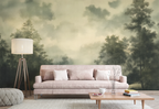 A modern living room with a white sofa, modern arm chairs, a woodencoffee table, and a vintage forest wallpaper mural in an ethereal, mystical painting style. 
