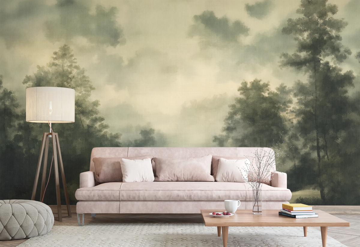 A modern living room with a white sofa, modern arm chairs, a woodencoffee table, and a vintage forest wallpaper mural in an ethereal, mystical painting style. 