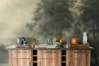 A modern wooden side table and a vintage forest wallpaper mural in an ethereal, mystical painting style. 