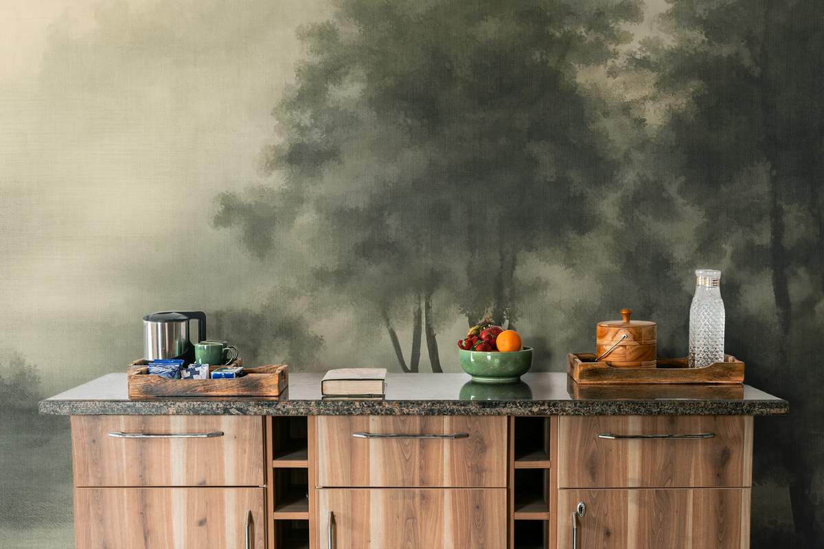 A modern wooden side table and a vintage forest wallpaper mural in an ethereal, mystical painting style. 