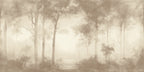 A sepia-toned misty forest wallpaper scene with tall trees and a faint path through the center, rendered in soft beige and brown hues.