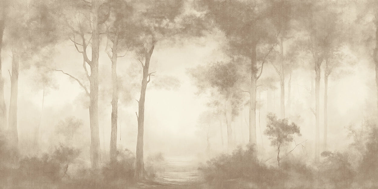 A sepia-toned misty forest wallpaper scene with tall trees and a faint path through the center, rendered in soft beige and brown hues.