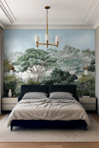 Bedroom with a large wallpaper mural of a forest on the wall.