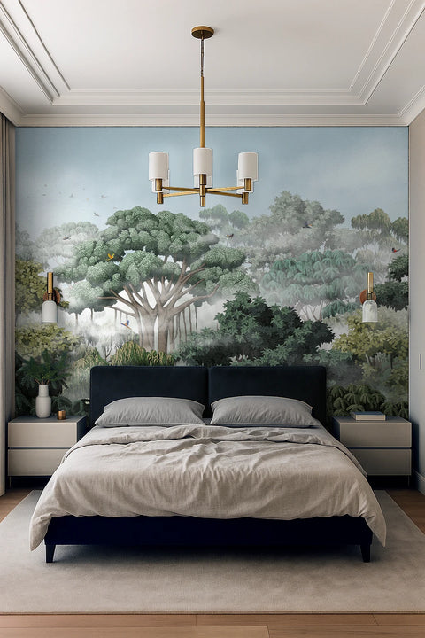 Bedroom with a large wallpaper mural of a forest on the wall.