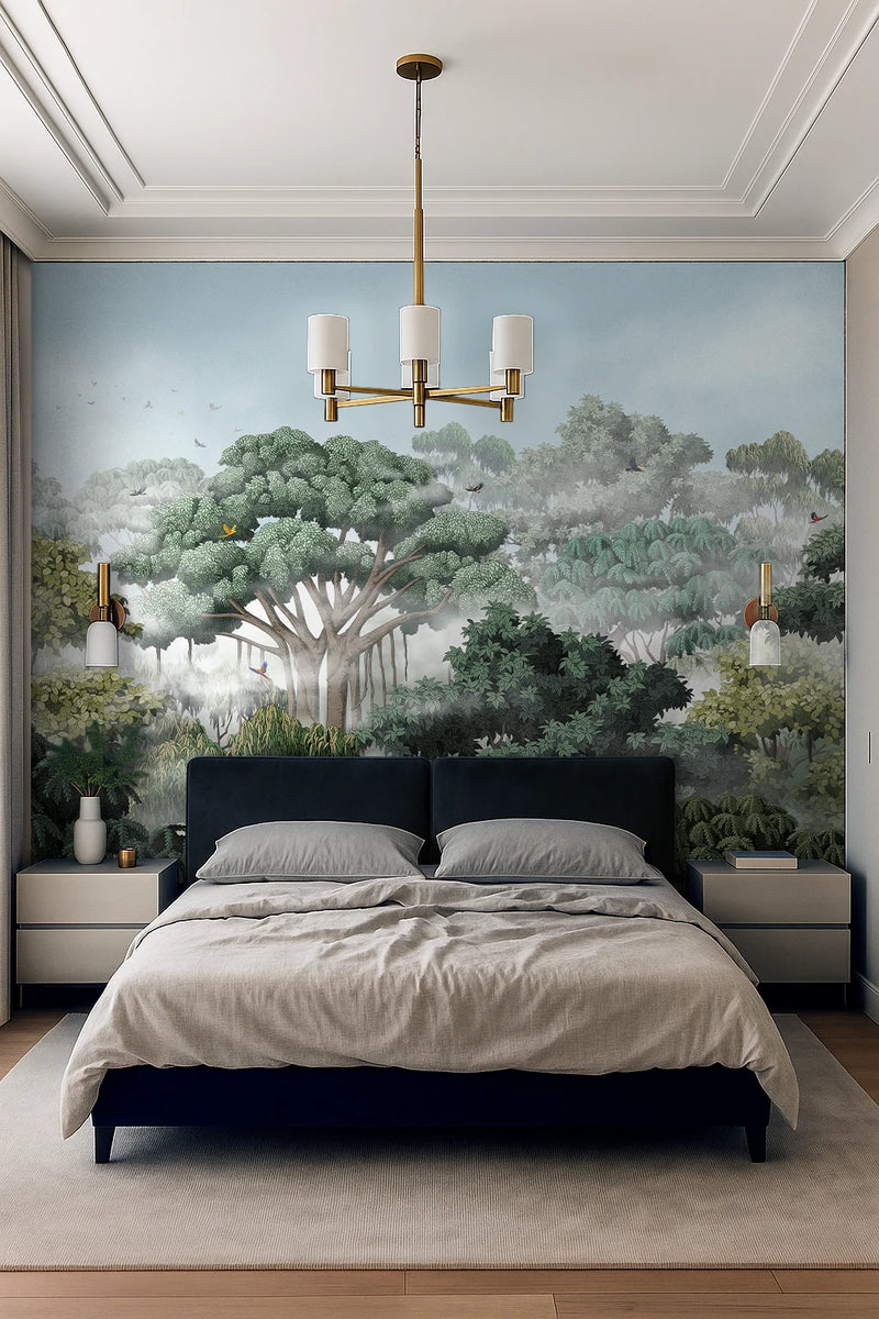 Bedroom with a large wallpaper mural of a forest on the wall.