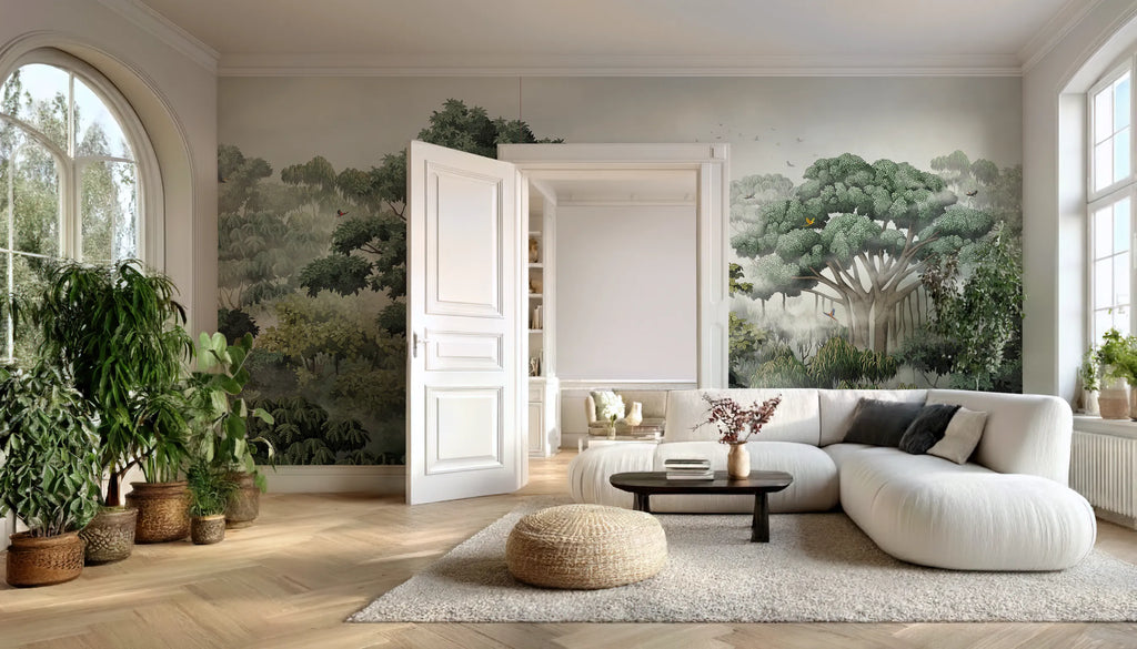 Modern living room with white sofa, coffee table, decorative plants, and a wallpaper mural of a rainforest.
