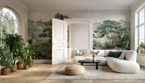 Modern living room with white sofa, coffee table, decorative plants, and a wallpaper mural of a rainforest.