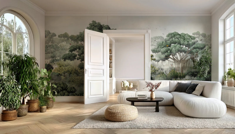 Modern living room with white sofa, coffee table, decorative plants, and a wallpaper mural of a rainforest.