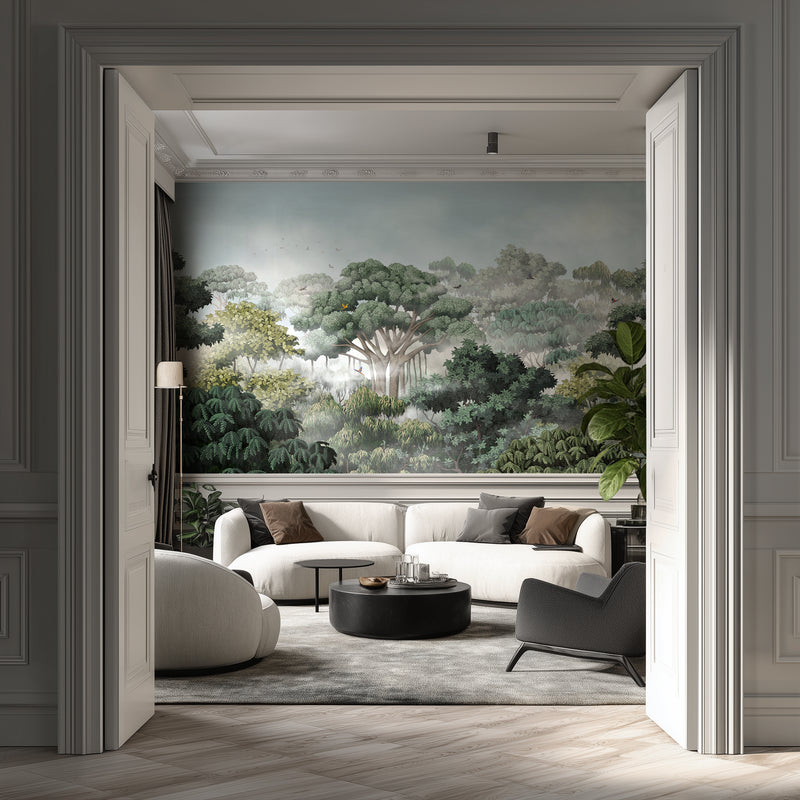 Forest mural biophilic wallpaper in living room, lush green trees wall mural, nature-inspired rainforest interior design.