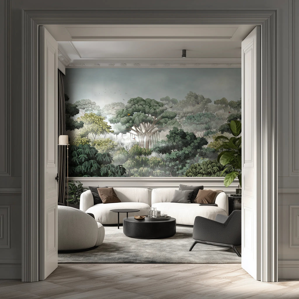Modern living room with a large wallpaper mural of a rainforest.