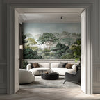 Modern living room with a large wallpaper mural of a rainforest.