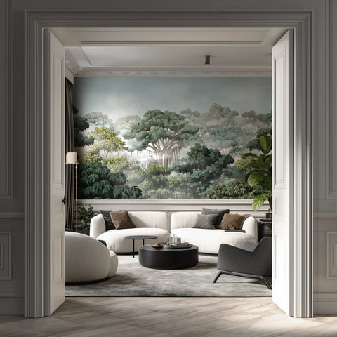 Modern living room with a large wallpaper mural of a rainforest.