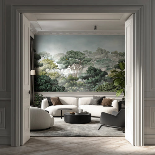 Modern living room with a large wallpaper mural of a rainforest.