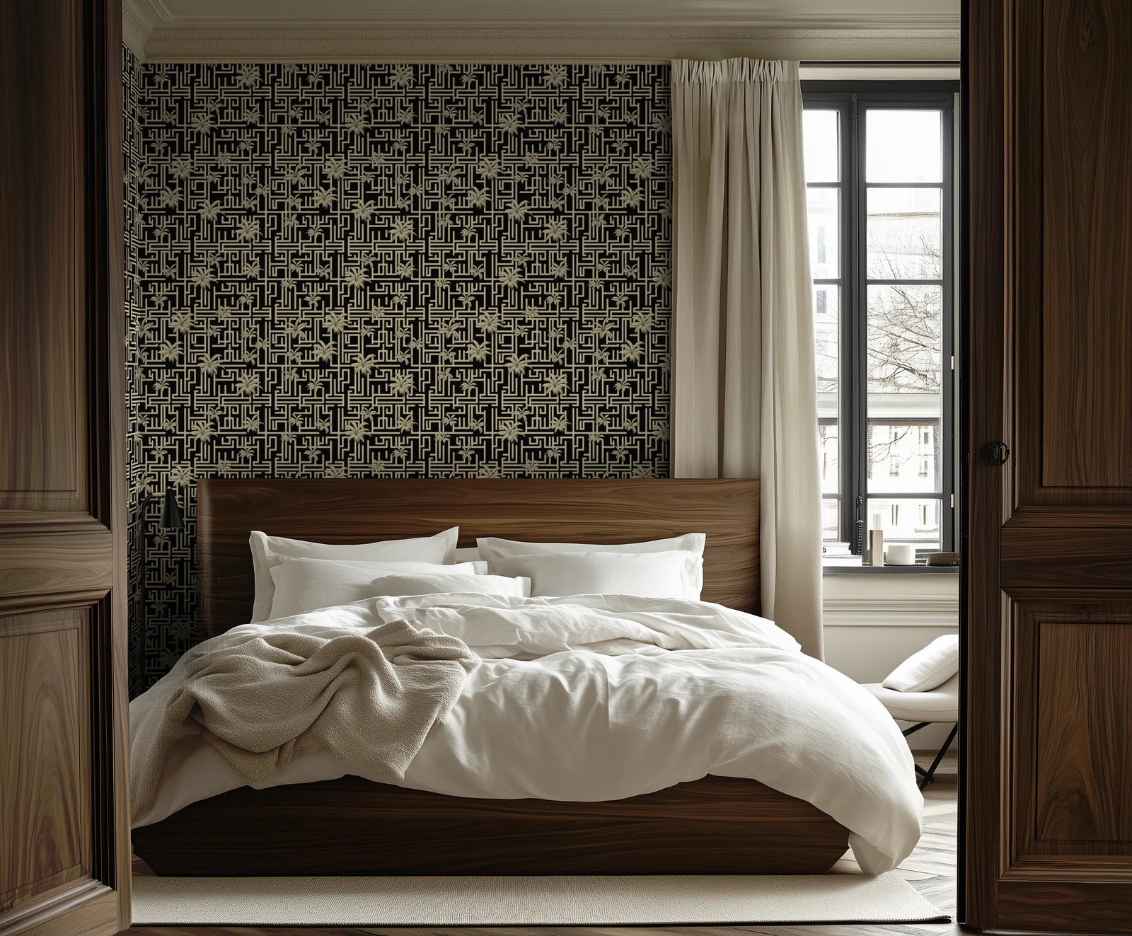 A bedroom with walls covered in a geometric wallpaper featuring Art Deco lines and palm tree motifs, with deep noir background and luminous gold detailing.