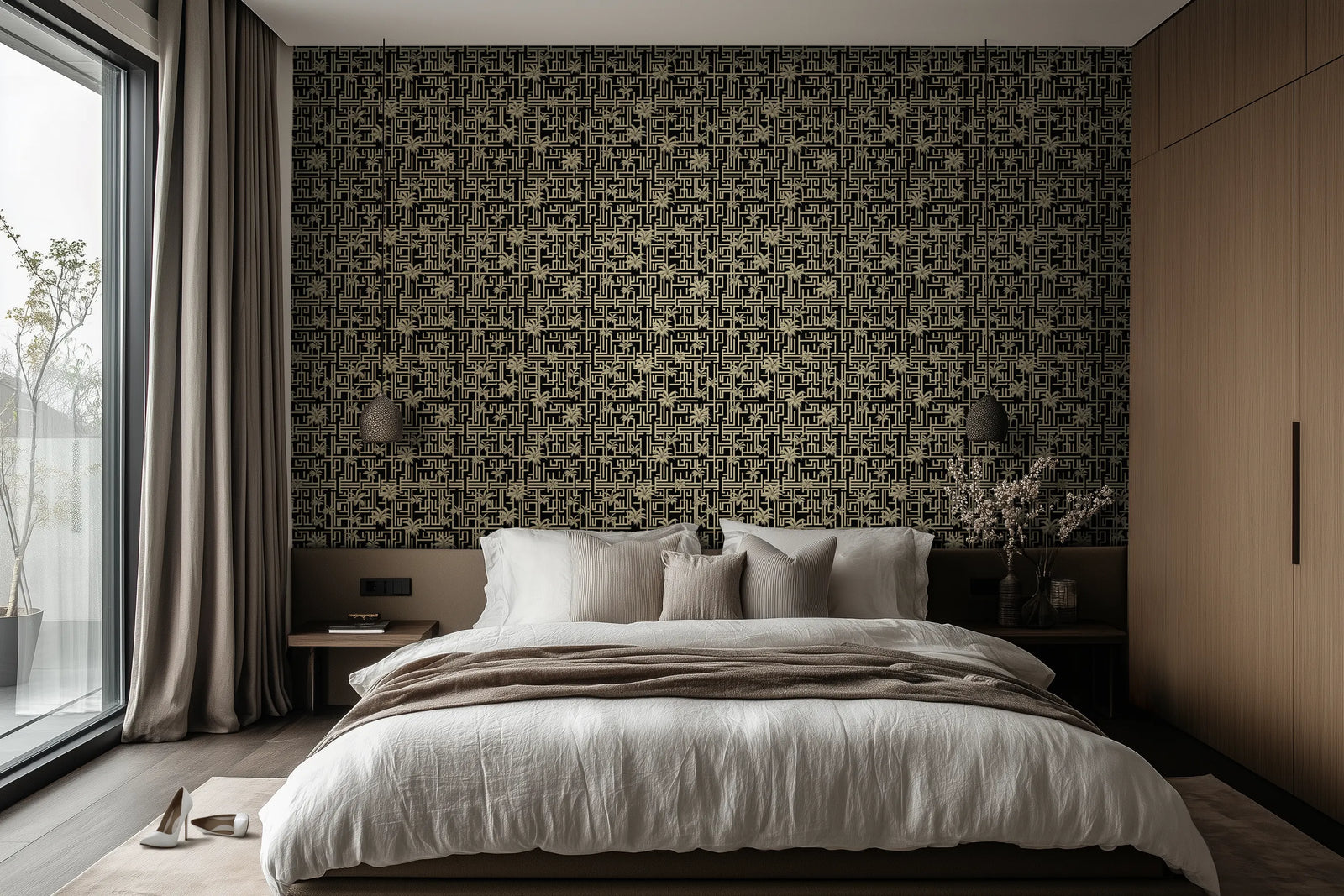 A luxurious bedroom with the walls adorned with a geometric and palm tree patterned wallpaper in deep noir black with luminous gold detailing. The room features a large bed, wooden flooring, large windows.