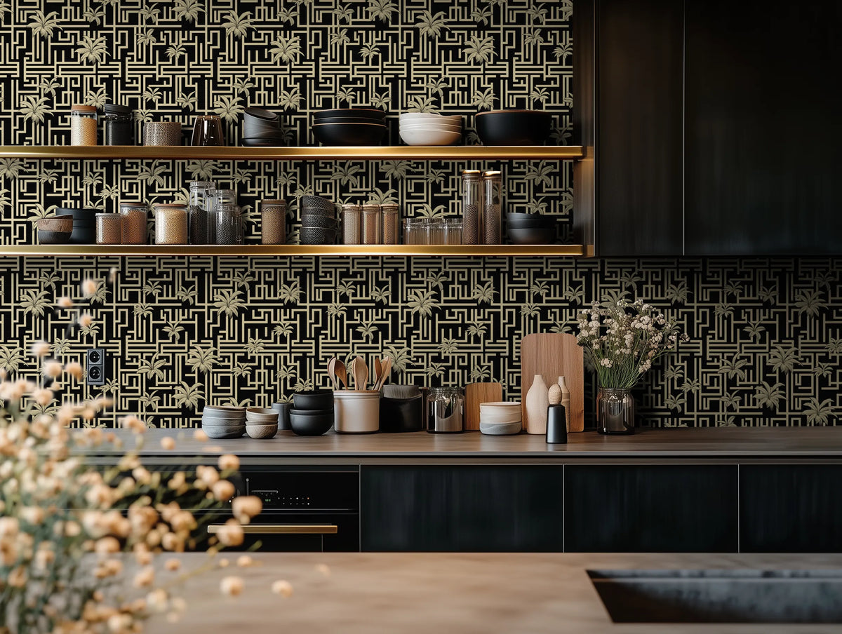 Modern kitchen with art deco tropical wallpaper. 