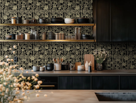 Modern kitchen with art deco tropical wallpaper. 