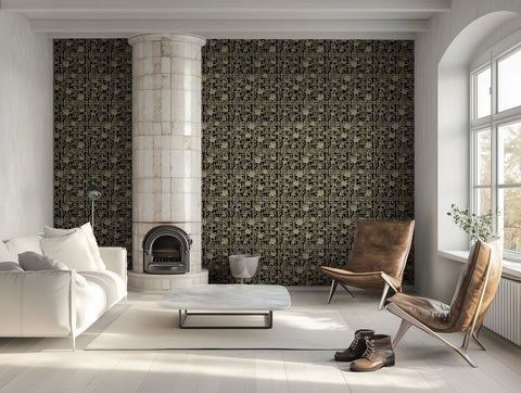 Modern living room with an art deco wallpaper with tropical motifs, brown lounge chairs, and a white sofa. 
