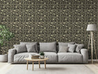 Modern living room with a tropical art deco wallpaper. 
