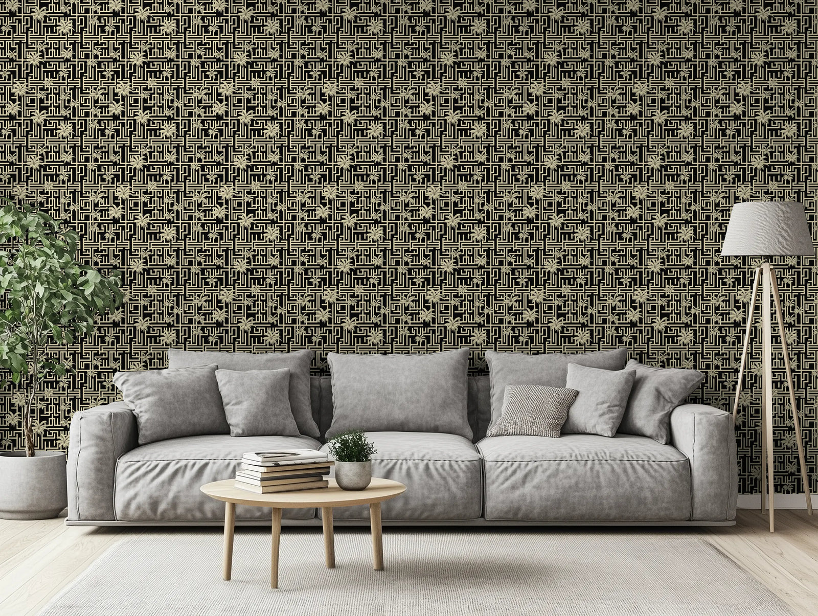 Modern living room with a tropical art deco wallpaper. 