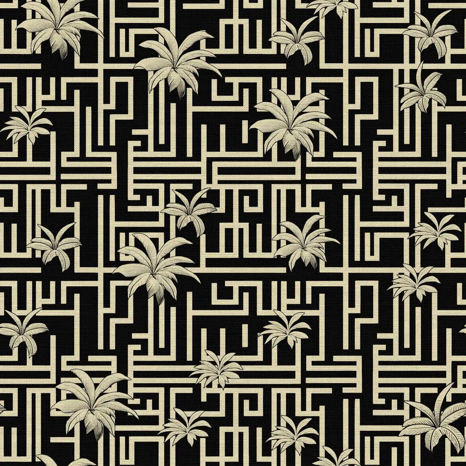 Art deco wallpaper Pattern of palm trees and geometric shapes on a black background