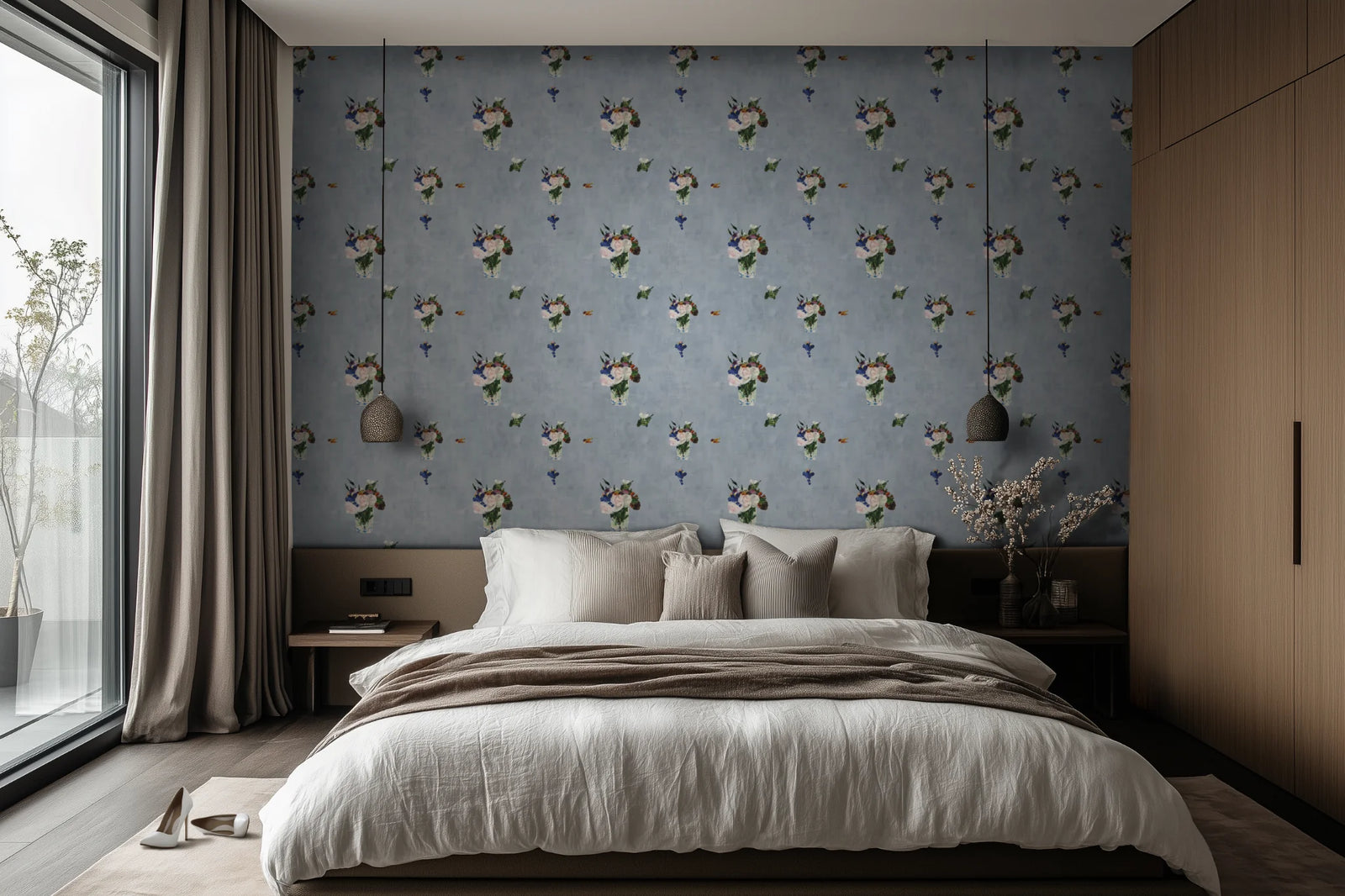 Modern bedroom with floral wallpaper, bed, and large window.