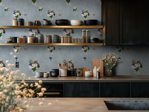 Modern kitchen with floral wallpaper and wooden shelves.