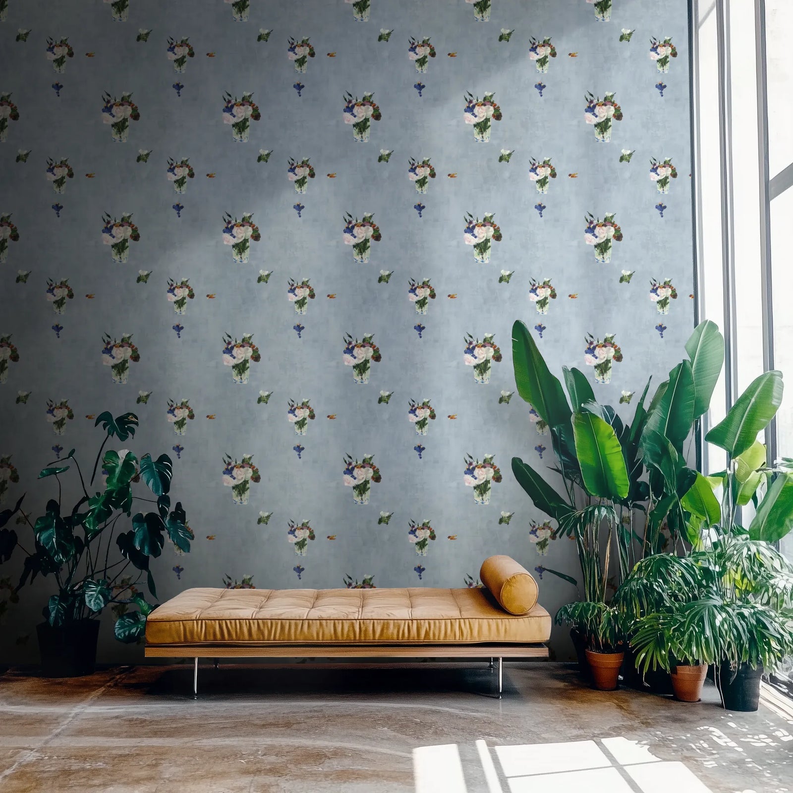 Living room with floral wallpaper, brown leather bench, and potted plants.