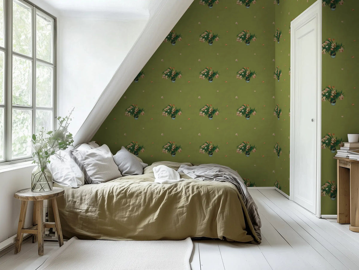 Van Gogh's Flowers Green Wallpaper