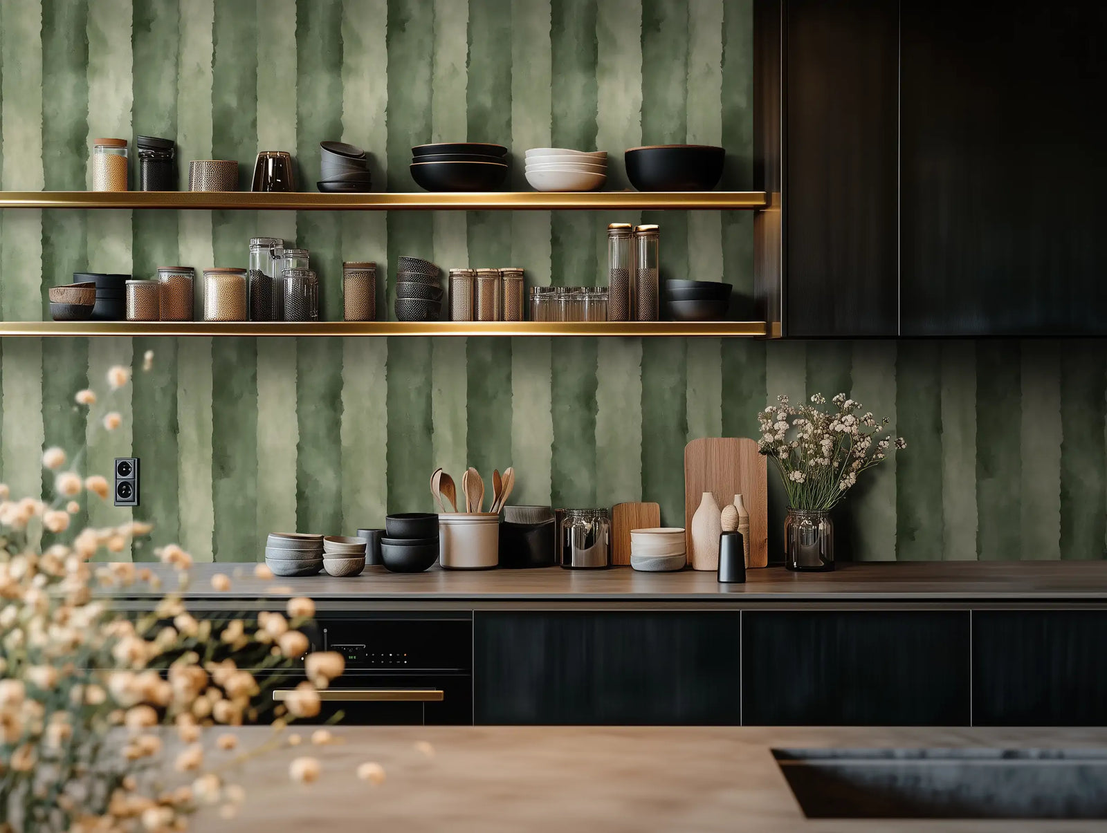 Modern kitchen with painted wallpaper with green stripes. 