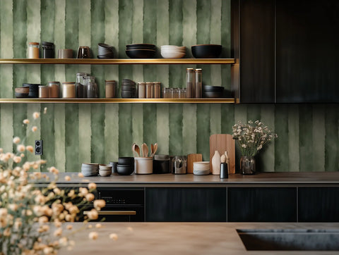 Modern kitchen with painted wallpaper with green stripes. 