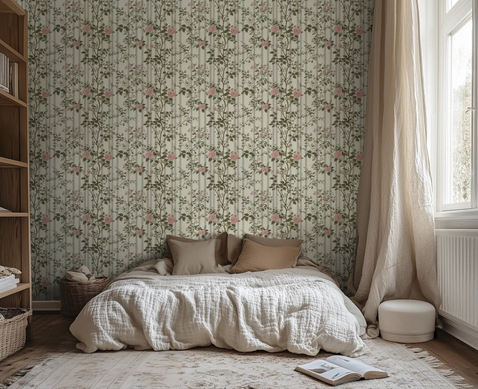 Bedroom with white sheets and floral wallpaper. 
