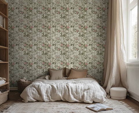 Bedroom with white sheets and floral wallpaper. 
