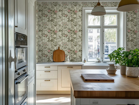 Modern kitchen with a kitchen island, plants, and floral wallpaper. 