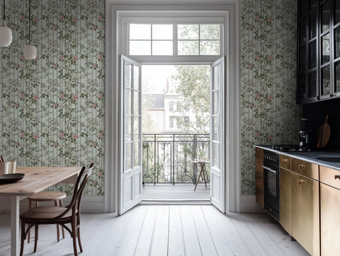 Modern kitchen with floral wallpaper trellis. 
