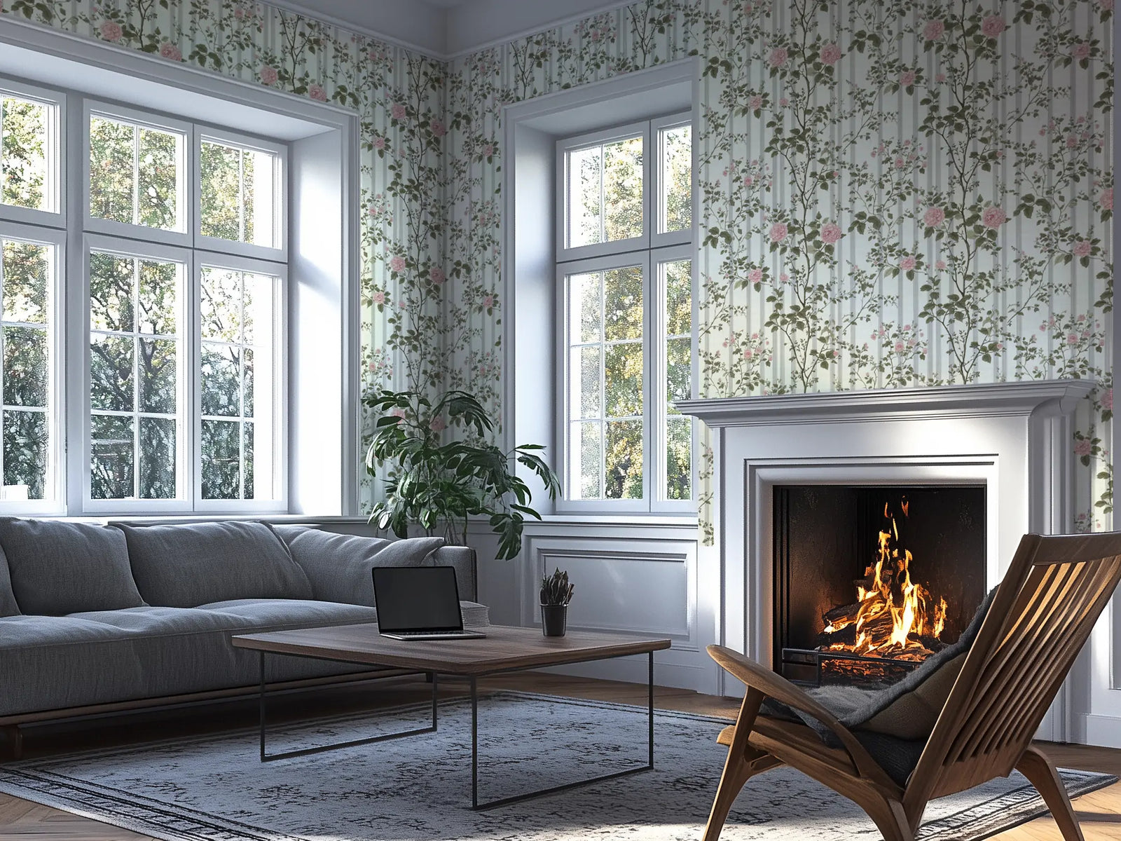 Modern living room with a fireplace, grey sofa, plants, and floral wallpaper. 