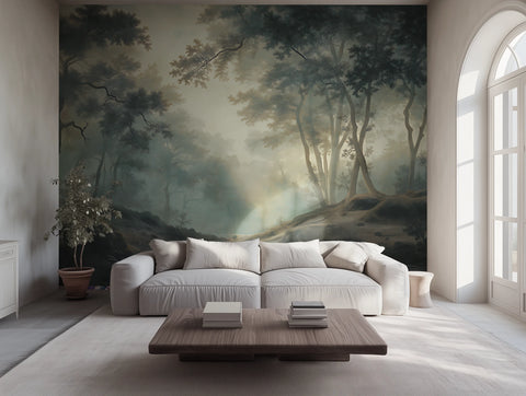 Modern living room with a large wallpaper mural of a forest scene.