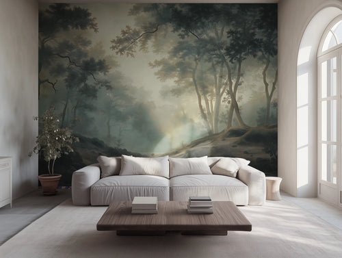 Modern living room with a large wallpaper mural of a forest scene.