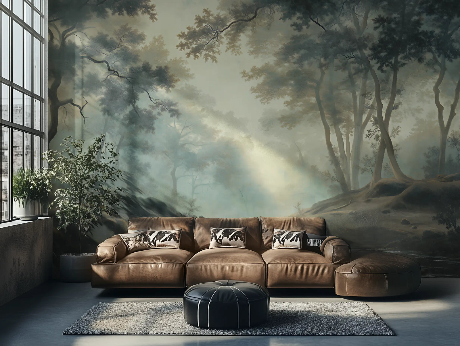 Modern living room with a large brown leather sectional sofa against a forest wallpaper mural.