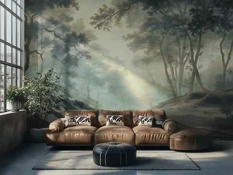 Modern living room with a large brown leather sectional sofa against a forest wallpaper mural.