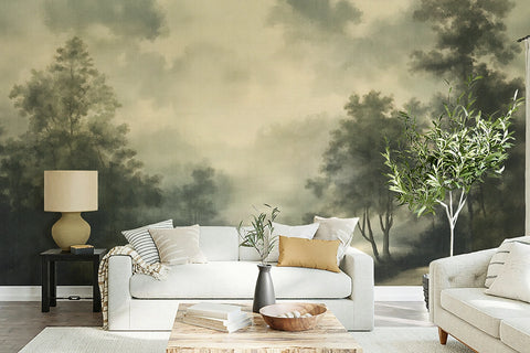 Living room with a mystical forest wallpaper mural, white sofa, and decorative items.