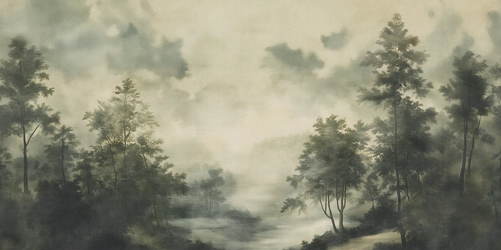 Misty forest wallpaper scene with trees and a body of water.