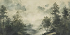 Misty forest wallpaper scene with trees and a body of water.