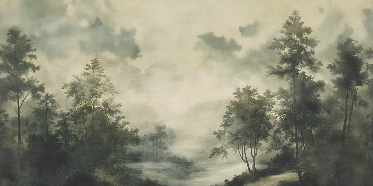 Misty forest wallpaper scene with trees and a body of water.