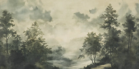 Misty forest wallpaper scene with trees and a body of water.